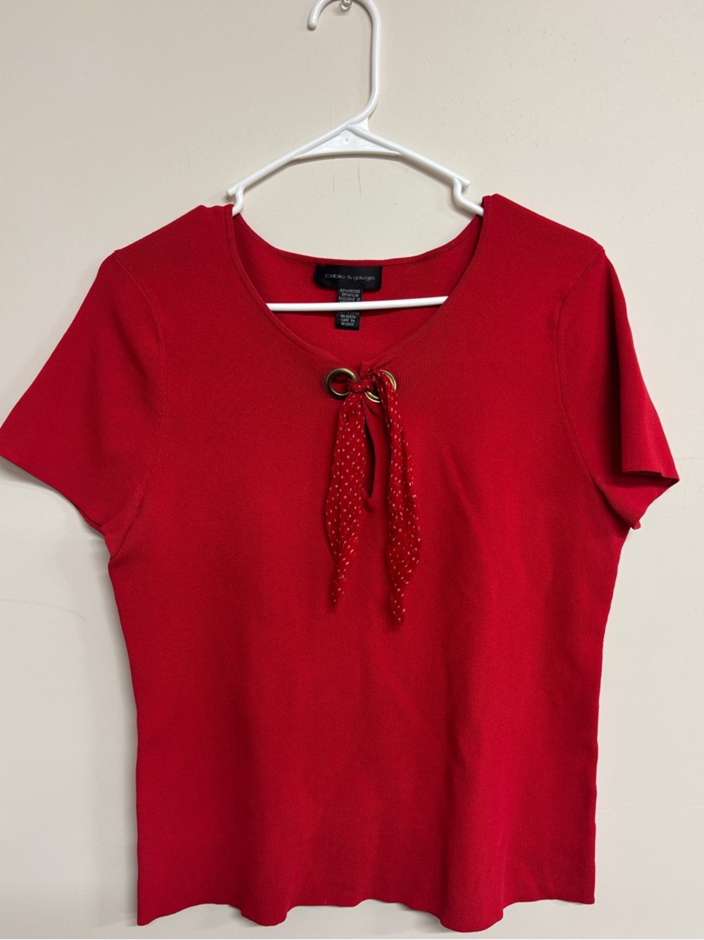 Cable & Gaige Red Short Sleeve Tie-Neck Knit Top